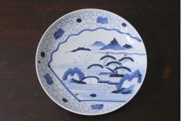 アンティーク雑貨　江戸期　山水図　染付　一尺一寸　大皿(和食器)