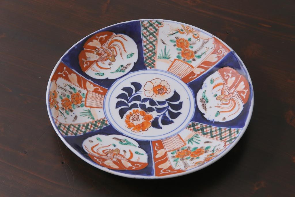 アンティーク雑貨　明治期　色絵　草花文　一尺一寸　鮮やかな色使いが印象的な大皿(和食器)