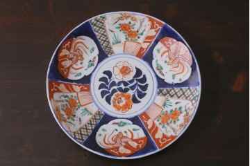アンティーク雑貨　明治期　色絵　草花文　一尺一寸　鮮やかな色使いが印象的な大皿(和食器)