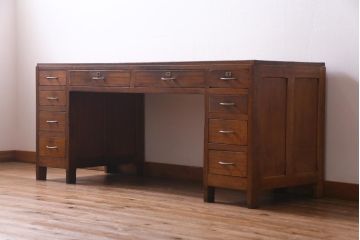 アンティーク家具　昭和レトロ　ラワン材　ワイドサイズの両袖デスク(机、在宅ワーク、在宅用カウンター)