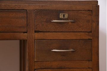 アンティーク家具　昭和レトロ　ラワン材　ワイドサイズの両袖デスク(机、在宅ワーク、在宅用カウンター)