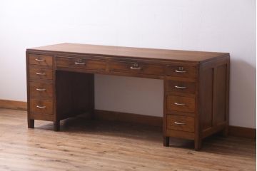 アンティーク家具　昭和レトロ　ラワン材　ワイドサイズの両袖デスク(机、在宅ワーク、在宅用カウンター)