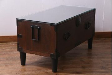 アンティーク家具　ガラス天板　明治期の時代箪笥をリメイクしたセンターテーブル(ローボード、引き出し)