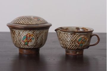 人間国宝　島岡達三　象嵌赤絵　草花文コーヒーセット(カップ&ソーサー、クリーマー、シュガーポット)