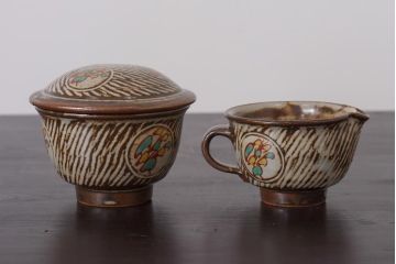 人間国宝　島岡達三　象嵌赤絵　草花文コーヒーセット(カップ&ソーサー、クリーマー、シュガーポット)