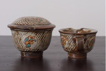 人間国宝　島岡達三　象嵌赤絵　草花文コーヒーセット(カップ&ソーサー、クリーマー、シュガーポット)