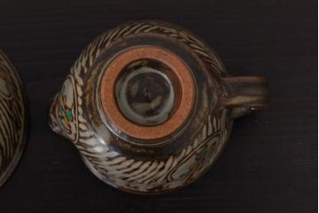 人間国宝　島岡達三　象嵌赤絵　草花文コーヒーセット(カップ&ソーサー、クリーマー、シュガーポット)