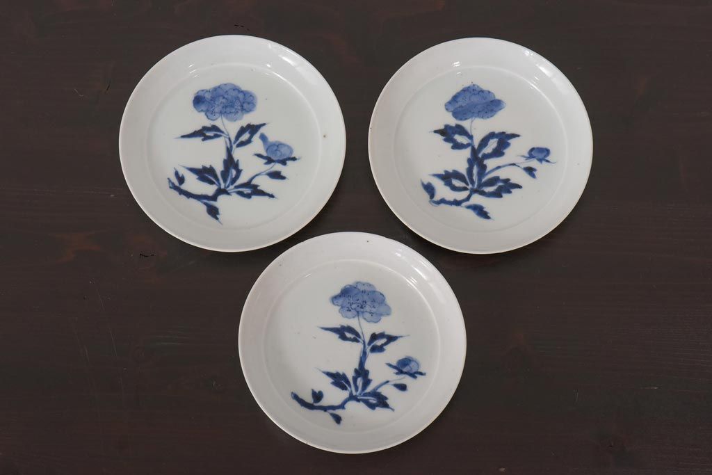 アンティーク雑貨　江戸期　牡丹の図　染付皿3枚セット(和食器)(R-036512)