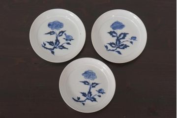 アンティーク雑貨　江戸期　牡丹の図　染付皿3枚セット(和食器)(R-036512)