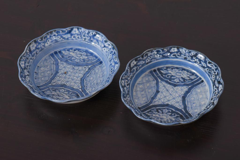 アンティーク雑貨　古伊万里　江戸期の染付皿2枚セット(和食器)(R-036516)