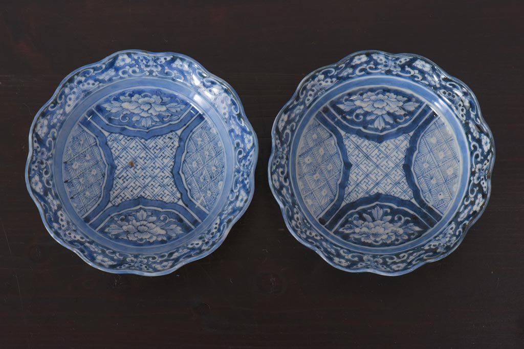 アンティーク雑貨　古伊万里　江戸期の染付皿2枚セット(和食器)(R-036516)
