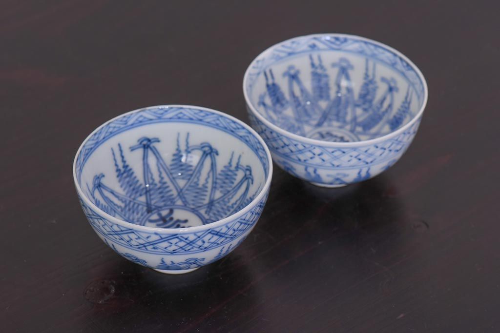 アンティーク雑貨 染付 大正昭和初期の湯呑2客セット(和食器)(R-036517)