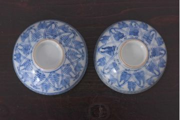 アンティーク雑貨　染付　大正昭和初期の湯呑2客セット(和食器)(R-036517)