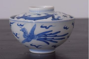 アンティーク雑貨　江戸期　伊万里　鳳凰　蓋付き茶碗2客セット(和食器)(R-036528)