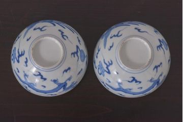 アンティーク雑貨　江戸期　伊万里　鳳凰　蓋付き茶碗2客セット(和食器)(R-036528)