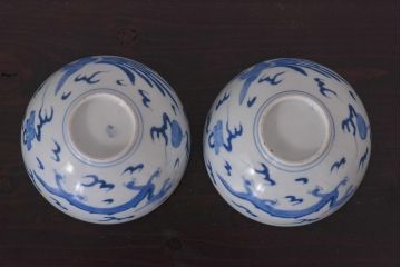 アンティーク雑貨　江戸期　伊万里　鳳凰　蓋付き茶碗2客セット(和食器)(R-036529)