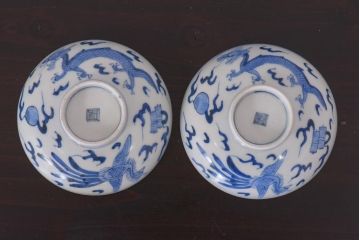 アンティーク雑貨　江戸期　伊万里　鳳凰　蓋付き茶碗2客セット(和食器)(R-036529)