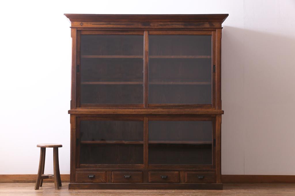 アンティーク家具　大正昭和初期　栓材　大正ロマン薫るノスタルジックな重ねキャビネット(収納棚、戸棚、食器棚、ショーケース)