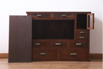 アンティーク家具　前面黒柿・ケヤキ材　モールガラスがレトロなキャビネット(収納棚、戸棚)