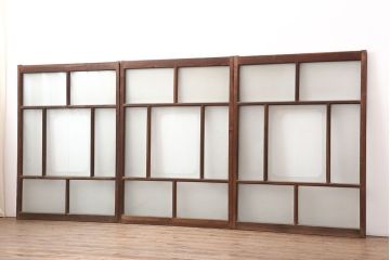アンティーク建具　シンプルな木製フレームのガラス戸3枚セット(窓、引き戸)(R-036548)