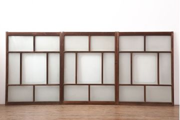 アンティーク建具　シンプルな木製フレームのガラス戸3枚セット(窓、引き戸)(R-036548)