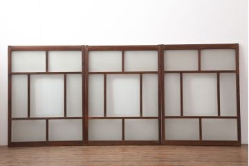 アンティーク建具　シンプルな木製フレームのガラス戸3枚セット(窓、引き戸)(R-036548)