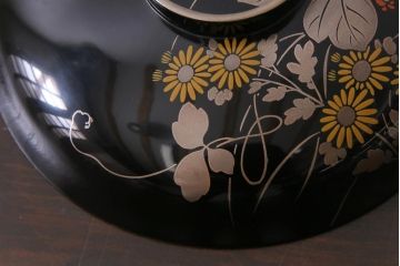 昭和期　輪島塗　涛華堂　八井珠蔵　黒塗銀地秋草描金　蒔絵　木製盛器・箱付き(菓子鉢、漆器)(R-036565)