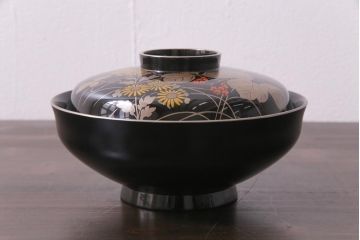 昭和期　輪島塗　涛華堂　八井珠蔵　黒塗銀地秋草描金　蒔絵　木製盛器・箱付き(菓子鉢、漆器)(R-036565)