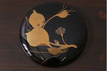 昭和期　輪島塗　涛華堂　八井珠蔵　黒塗銀梨子地瓢高描金　蒔絵　木製盛器・箱付き(菓子鉢、漆器)(R-036566)