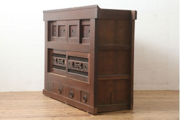アンティーク家具　四尺　透かしの引き戸が魅力の水屋箪笥サイドボード(テレビ台)(R-036587)