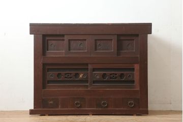 アンティーク家具　四尺　透かしの引き戸が魅力の水屋箪笥サイドボード(テレビ台)(R-036587)
