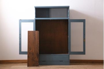 ペイント家具　昭和レトロ　昭和中期　モールガラス　レトロな雰囲気漂う飾り棚付き本箱(ブックケース、収納棚、戸棚、キャビネット)(R-036621)