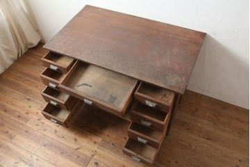 レトロ家具　ナラ材　昭和レトロの素朴な両袖デスク(机、在宅ワーク、在宅用)(R-036718)