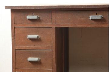 レトロ家具　ナラ材　昭和レトロの素朴な両袖デスク(机、在宅ワーク、在宅用)(R-036718)