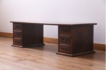 アンティーク家具　明治大正期　総ケヤキ材　レア品　天板一枚板の上質な両袖デスク(文机)