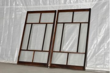 アンティーク建具　シンプルな木製フレームのガラス戸2枚セット(窓、引き戸)(R-036743)