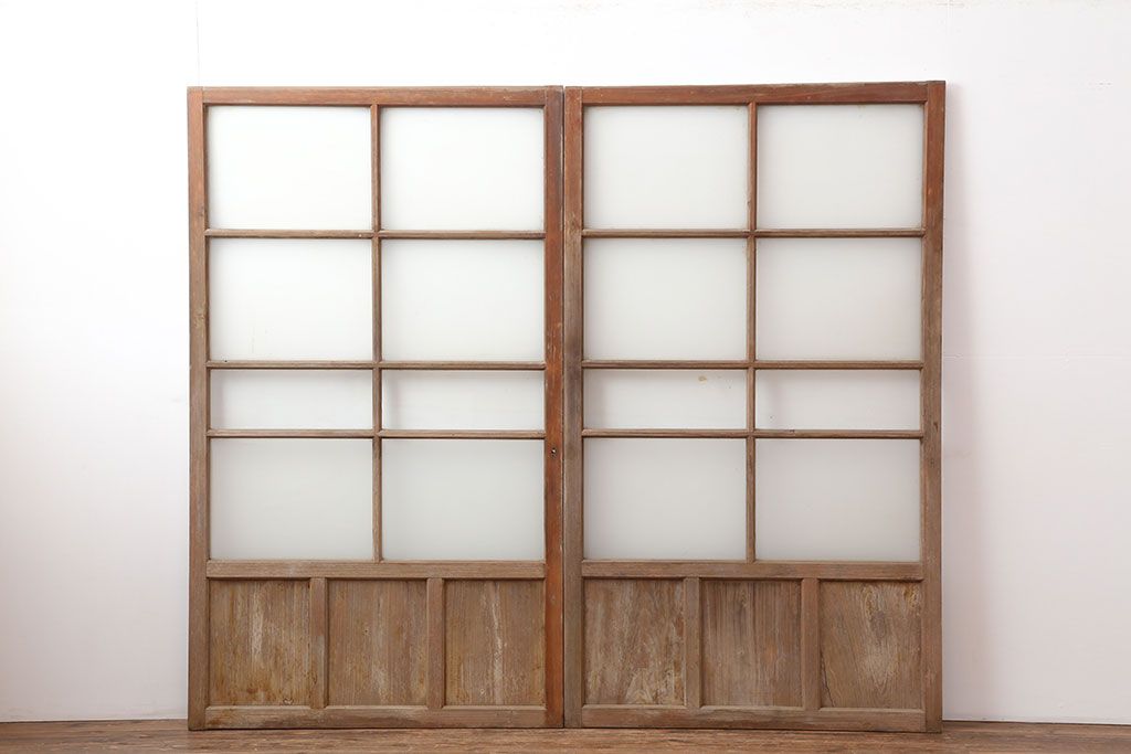 アンティーク建具　木味が魅力のレトロなガラス戸2枚セット(窓、引き戸)(R-036744)