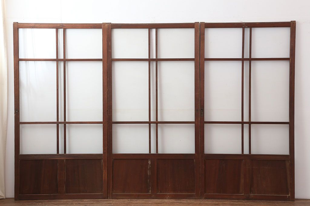 アンティーク建具　木味が魅力のレトロなガラス戸3枚セット(建具、引き戸)(R-036745)