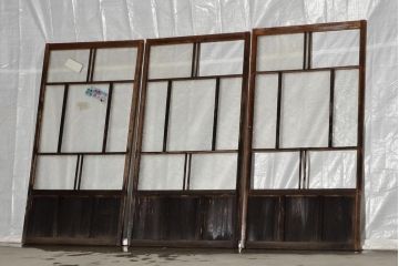 アンティーク建具　シンプルな木製フレームのガラス戸3枚セット(建具、引き戸)(R-036748)
