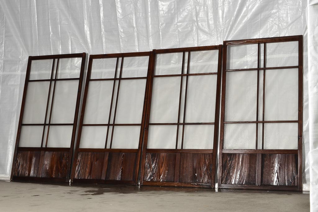 アンティーク建具　木味が魅力のレトロなガラス戸4枚セット(窓、引き戸)(R-036759)