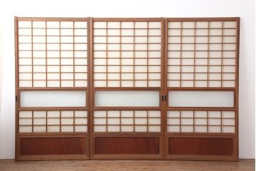 アンティーク建具　横額入り障子戸3枚セット(ガラス帯戸、引き戸、建具)(R-036763)