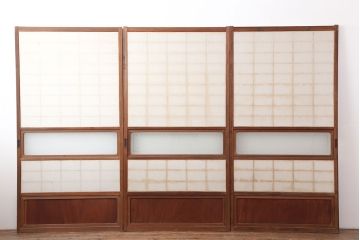 アンティーク建具　横額入り障子戸3枚セット(ガラス帯戸、引き戸、建具)(R-036763)