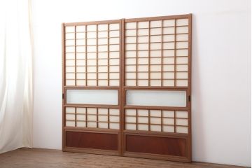 アンティーク建具　腰板ケヤキ材　横額入り障子戸2枚セット(ガラス帯戸、引き戸、建具)(R-036764)