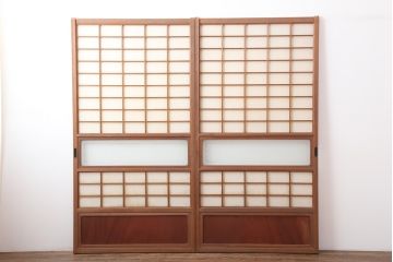アンティーク建具　腰板ケヤキ材　横額入り障子戸2枚セット(ガラス帯戸、引き戸、建具)(R-036764)