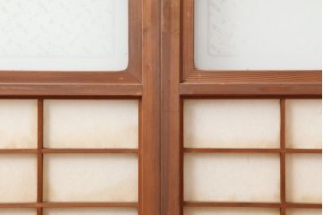 アンティーク建具　腰板ケヤキ材　横額入り障子戸2枚セット(ガラス帯戸、引き戸、建具)(R-036764)