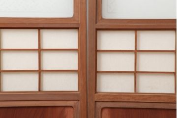 アンティーク建具　腰板ケヤキ材　横額入り障子戸2枚セット(ガラス帯戸、引き戸、建具)(R-036765)