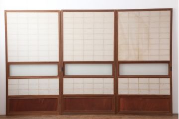 レトロ建具　昭和レトロ　昭和中期　横額入り!和の趣漂う障子戸3枚セット(ガラス帯戸、引き戸、建具)(R-036766)