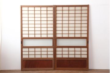 アンティーク建具　腰板ケヤキ材　横額入り障子戸2枚セット(ガラス帯戸、引き戸、建具)(R-036767)