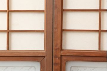 アンティーク建具　腰板ケヤキ材　横額入り障子戸2枚セット(ガラス帯戸、引き戸、建具)(R-036767)
