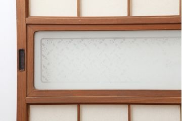 アンティーク建具　腰板ケヤキ材　横額入り障子戸2枚セット(ガラス帯戸、引き戸、建具)(R-036767)